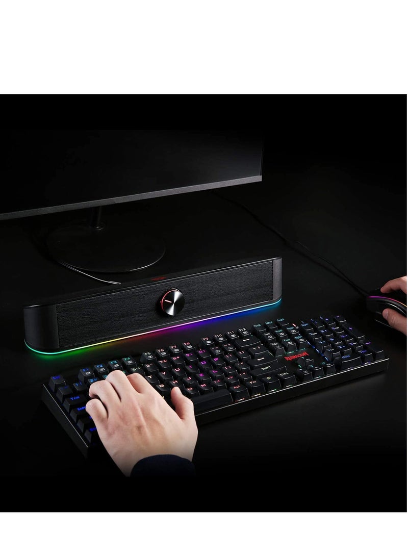 Redragon GS560 RGB desktop soundbar 2.0 channel computer speaker with dynamic lighting bar audio light sync display touch control backlit with volume knob USB powered with 3.5mm cable