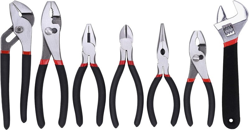 FASTPRO 7-Piece Utility Pliers and Wrench Set, Includes 8" Adjustable Wrench, 8" Groove Joint, 8" & 6" Slip Joint, 6" Long Nose, 6" Diagonal and 6" Linesman Pliers, Dipped Handle - Image 1