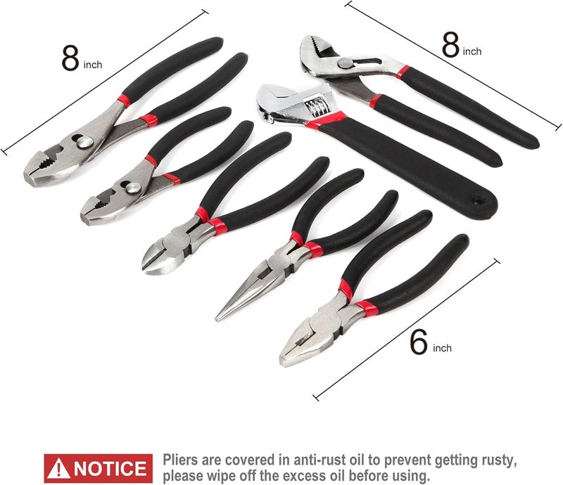 FASTPRO 7-Piece Utility Pliers and Wrench Set, Includes 8" Adjustable Wrench, 8" Groove Joint, 8" & 6" Slip Joint, 6" Long Nose, 6" Diagonal and 6" Linesman Pliers, Dipped Handle - Image 2
