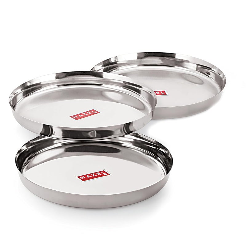 HAZEL Stainless Steel Plates Set | 28 cm Mirror Finish Thali Set Stainless Steel | Steel Plates Set for Dinner & Lunch, Set of 3 - Image 1