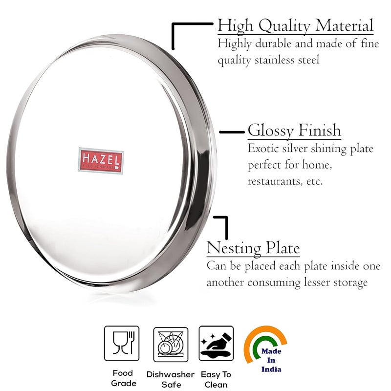 HAZEL Stainless Steel Plates Set | 28 cm Mirror Finish Thali Set Stainless Steel | Steel Plates Set for Dinner & Lunch, Set of 3 - Image 3