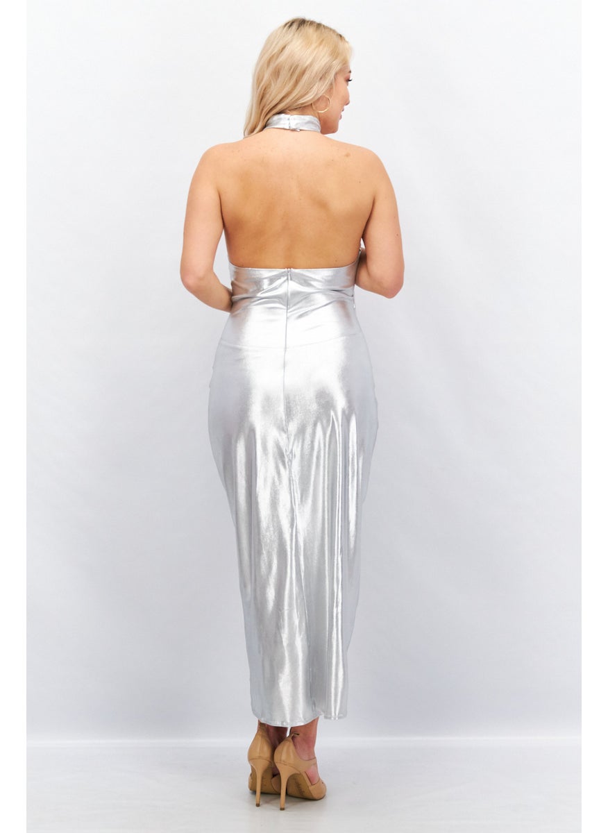 Virgos Lounge Women Metallic Party Bodycon Dress, Silver  - Image 3