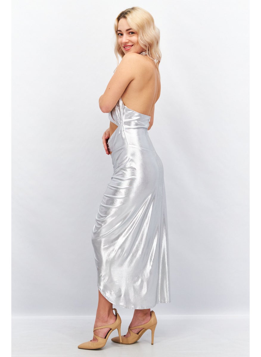 Virgos Lounge Women Metallic Party Bodycon Dress, Silver  - Image 2