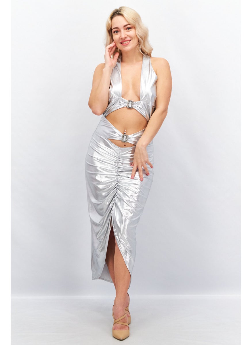 Virgos Lounge Women Metallic Party Bodycon Dress, Silver  - Image 1