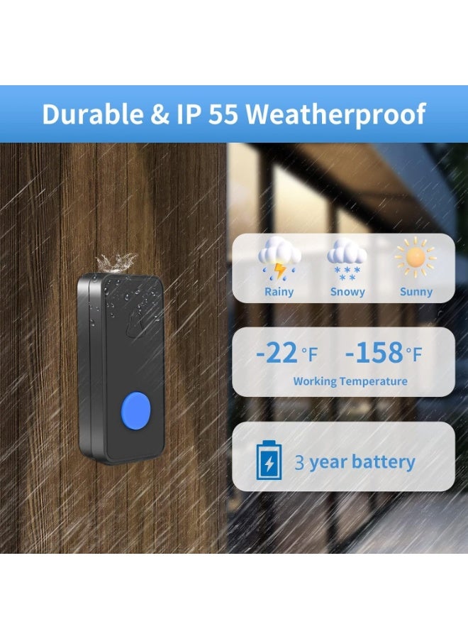 Noorly Wireless Doorbell, Door Chime with 55 Melodies, Battery-Powered House Bell with 400m Range, Waterproof Outdoor Transmitter, Flashing LED, 5 Volume Levels, Battery Operated Expandable Bell for Home Office, Black - Image 3