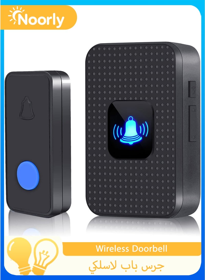 Noorly Wireless Doorbell, Door Chime with 55 Melodies, Battery-Powered House Bell with 400m Range, Waterproof Outdoor Transmitter, Flashing LED, 5 Volume Levels, Battery Operated Expandable Bell for Home Office, Black - Image 1