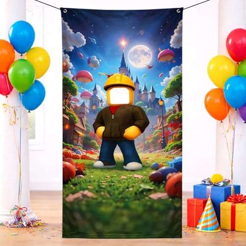 IndoTribe Photo Booth Face in The Hole for Kids Birthday Decorations 6x3ft Gamer Birthday Party Decorations Fabric Photo Booth Backdrops Photo Booth Props Kids Video Game Party Decorations Background - Image 1