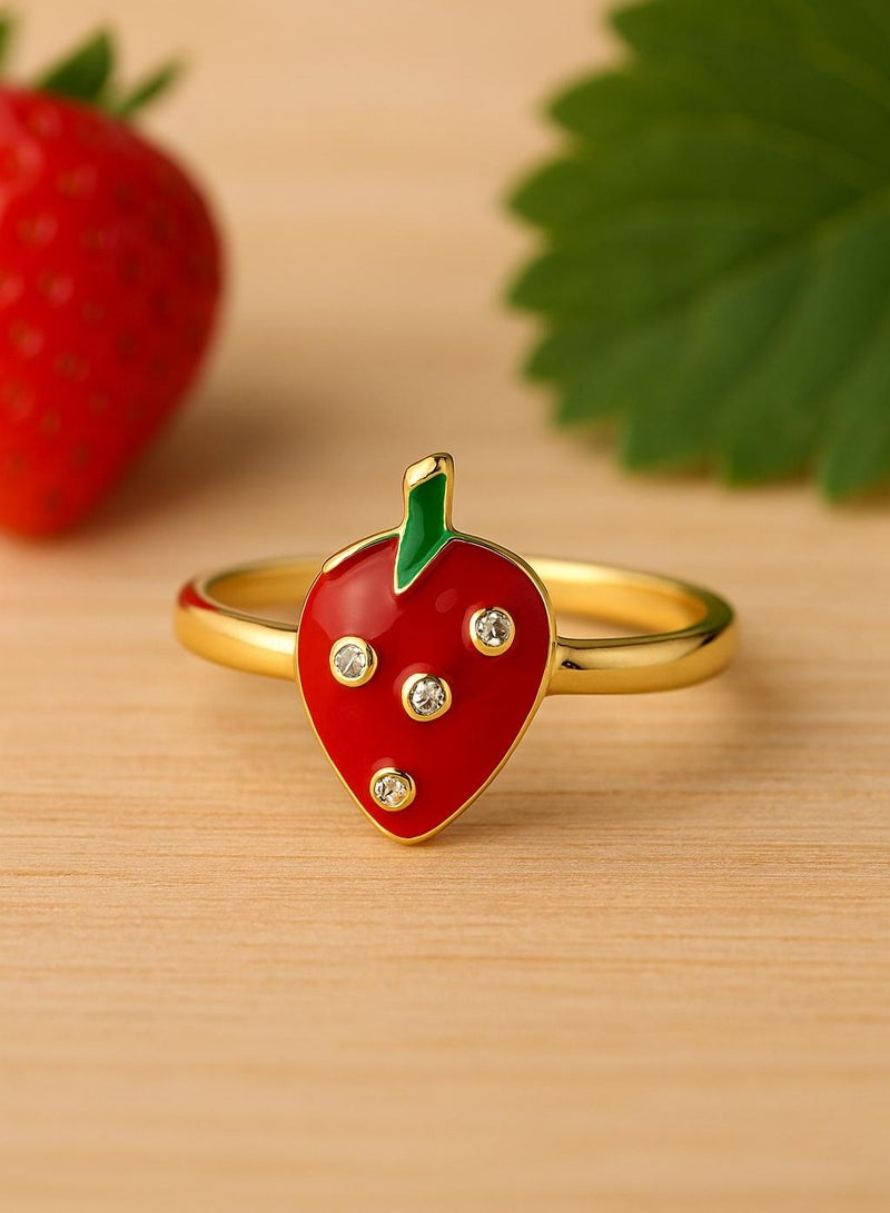 MANIKAN Strawberry Ring with Crystal Accents, Gold-Plated, Red Enamel and Green Leaf Detail