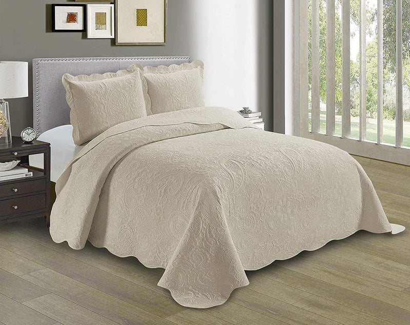 Linen Plus Embossed Coverlet Bedspread Set Oversized Solid Beige FullQueen Bed Cover Bedding New  Dana