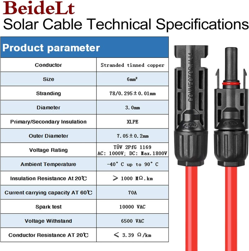 BeideLt Solar Panel Extension Cable,10AWG(6mm²) Solar Extension Cable Wire with 1 Pair 15 Feet Black + 15 Feet Red Weatherproof Tinned Copper Extension Cable Wire Adapter Kit - Image 5