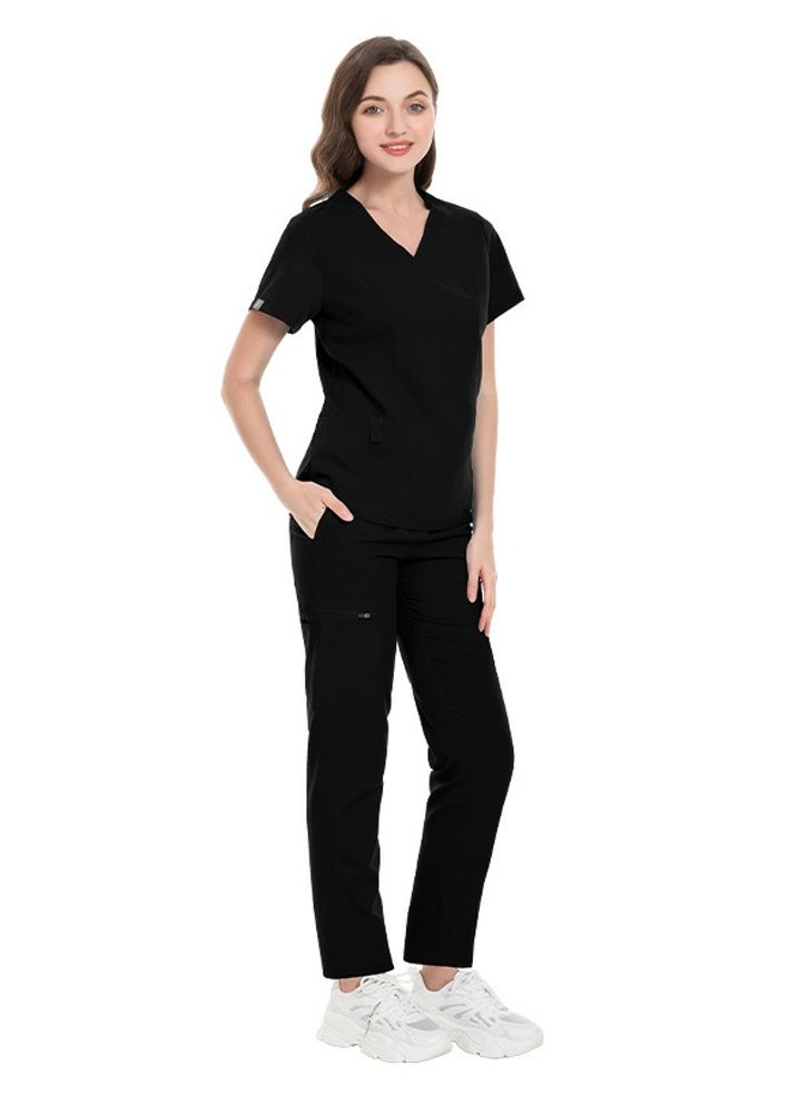 Loquat Unisex Fashion Medical Uniform Scrubs 2 Piece Set V-Neck Top and Pants Suit Black  - Image 1