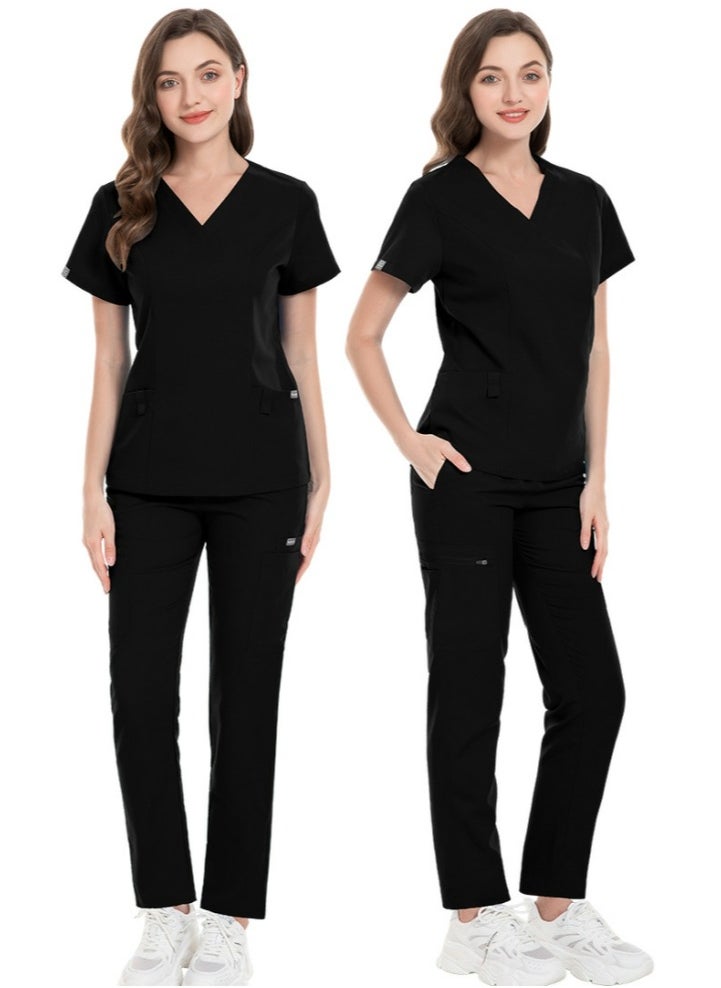 Loquat Unisex Fashion Medical Uniform Scrubs 2 Piece Set V-Neck Top and Pants Suit Black  - Image 2