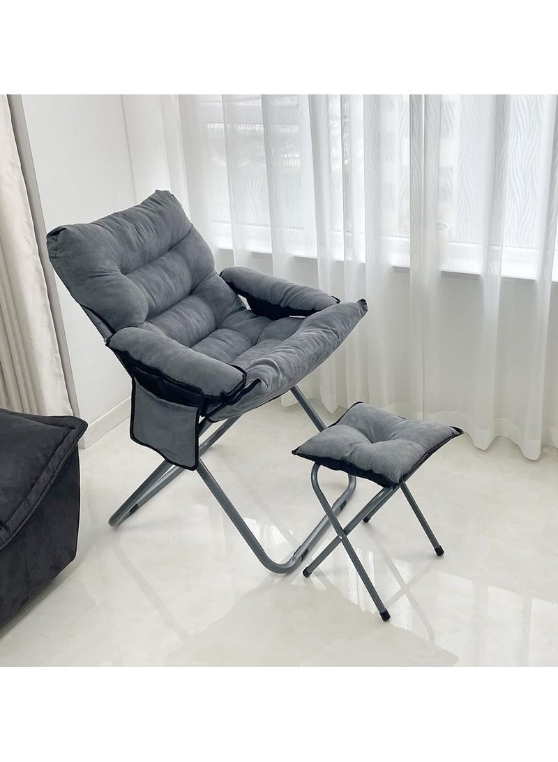 XiuWoo Lazy Chair with Ottoman, Modern Folding Lounge Reclining Leisure Chair with Side Pocket and Armrests, Adjustable Reading Sofa Chair with Footrest for Bedroom/Office/Living Room, Grey - Image 4