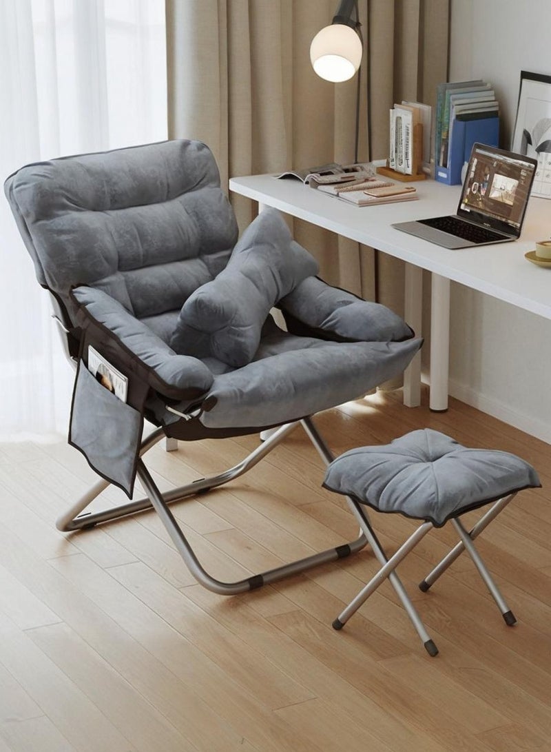 XiuWoo Lazy Chair with Ottoman, Modern Folding Lounge Reclining Leisure Chair with Side Pocket and Armrests, Adjustable Reading Sofa Chair with Footrest for Bedroom/Office/Living Room, Grey - Image 1