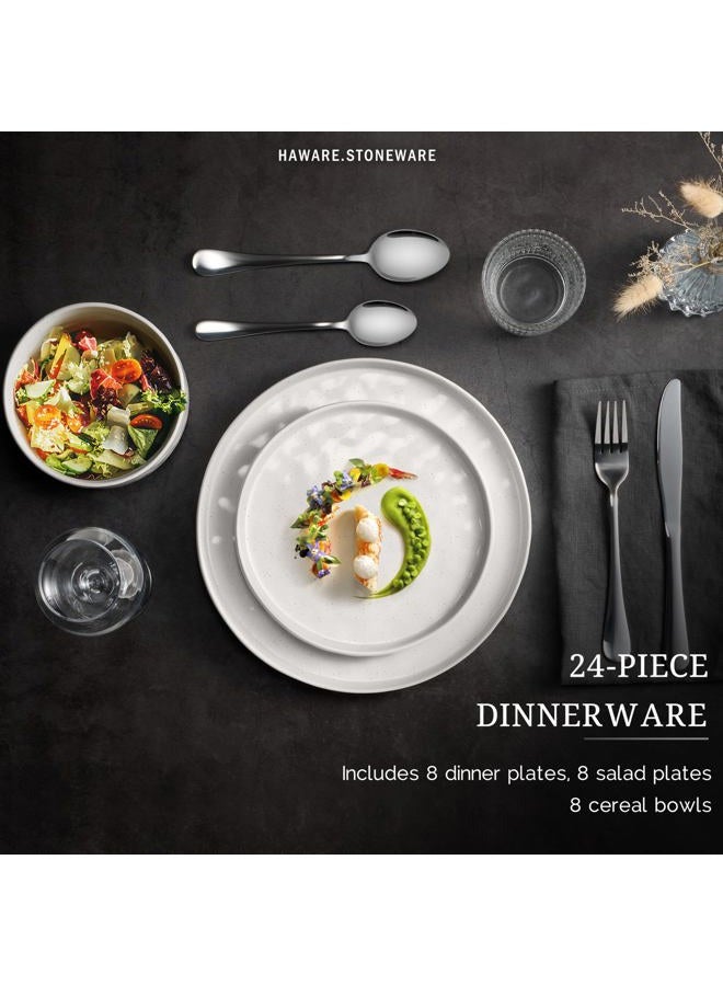 HaWare Dinnerware Sets, 24-Piece Plates and Bowls Set, Stoneware Dish Set for 8, Ceramic Dinnerware for Home Restaurant, Chip and Scratch Resistant, Microwave and Dishwasher Safe, Speckled White - Image 3