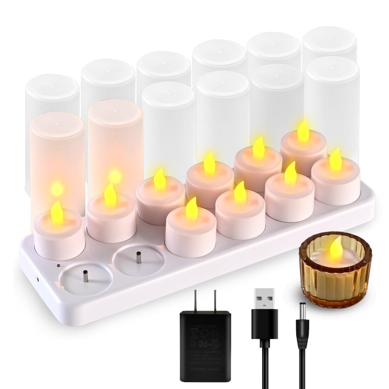 Juego de 12 velas LED recargables sin llama parpadeantes con base blanca y adaptador de CA para el hogar, restaurantes, bodas, decoración de Navidad (sin control remoto) - Image 1