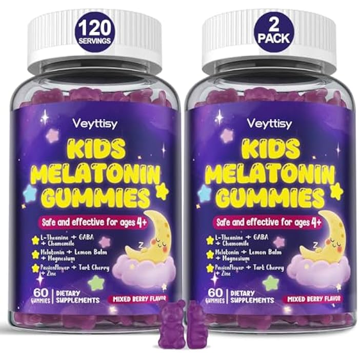 Veyttisy Kids Melatonin Gummy Supplements 1mg - Non-Habit Forming Melatonin Gummies Kids with Chamomile, Lemon Balm, L-Theanine, Magnesium, Zinc for Children Ages 4+ - Non-GMO, Gluten Free, Mixed Berry Flavor - Image 1