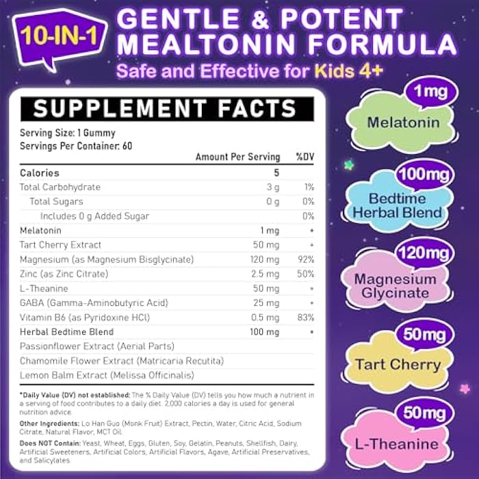 Veyttisy Kids Melatonin Gummy Supplements 1mg - Non-Habit Forming Melatonin Gummies Kids with Chamomile, Lemon Balm, L-Theanine, Magnesium, Zinc for Children Ages 4+ - Non-GMO, Gluten Free, Mixed Berry Flavor - Image 2