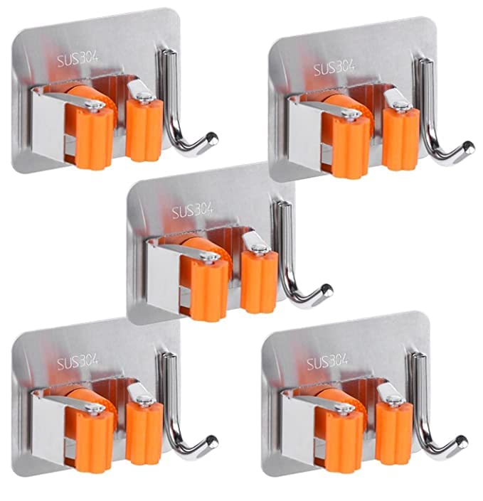 Boniry Adhesive Mop Holder and Broom Holder Wall Mounted Steel | Broom Stick Holder Wall Mounted for Home No Drilling (5, Orange) - Image 1