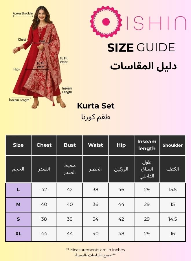 ISHIN Women's Maroon Cotton Printed Tunic Upper Calf Length Pleat Front Bottom Flared 2 Peice Kurta Set - Image 4