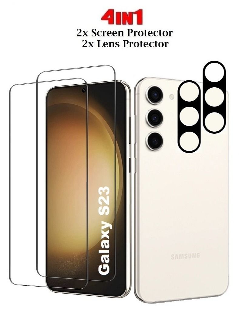 CATANES حزمة 4 لواقي شاشة سامسونج جالكسي S23 2 قطع + واقي عدسة 2 قطع زجاج مقسى HD حساس للمس يدعم بصمة الإصبع وقلم S مقاوم للخدوش تغطية كاملة - Image 1
