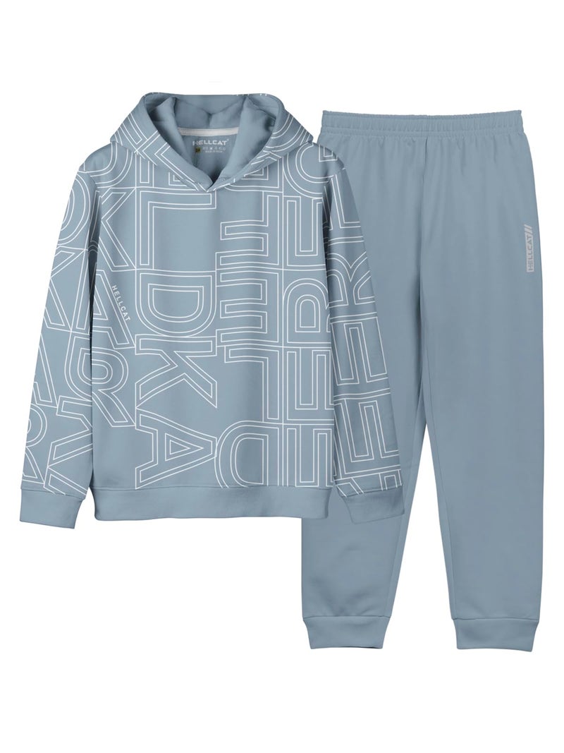 HELLCAT Printed Cotton Blend Hoodie T-Shirt and Jogger Trackpant Clothing Set for Boys_ Bluish Grey_7-8 Years - Image 1