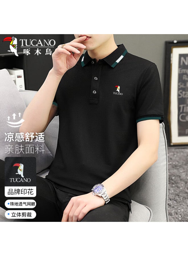 Tucano Men's Short Sleeve T-shirt Summer Business Casual Color Block Polo Shirt Men's Clothing Black L - Image 1