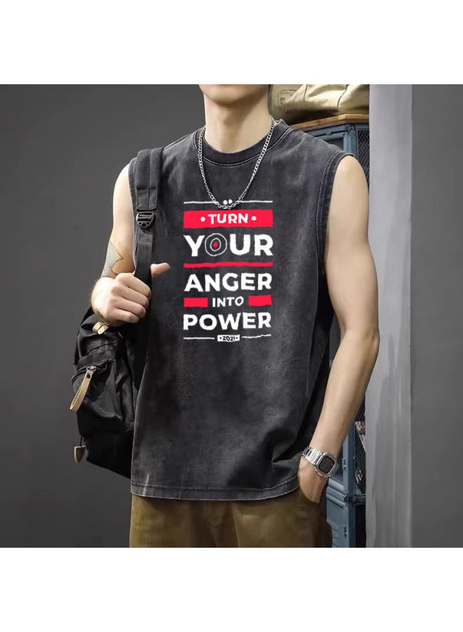 American High Street Retro Washed Distressed Sports Vest Trendy Brand Sleeveless T-shirt Loose Casual Fitness Short Sleeve