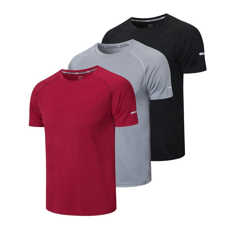 frueo Menâ€™s 3 Pack Gym T-Shirt Quick Dry Workout Athletic Tee,Black Gray Red,L