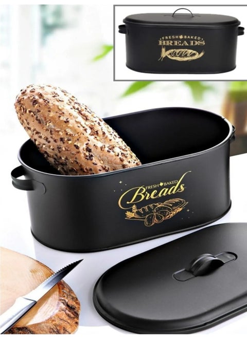 Black Metal Bread Holder Decorative Large Size Covered Patterned Bread Storage Box