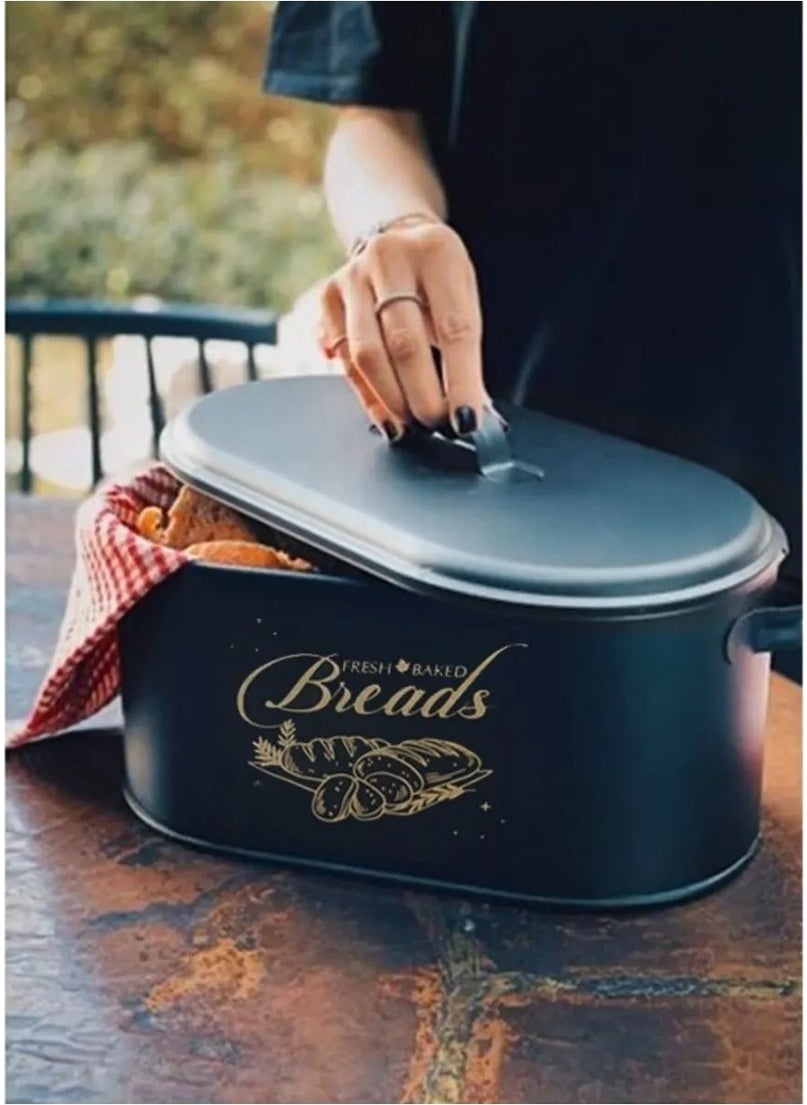 Black Metal Bread Holder Decorative Large Size Covered Patterned Bread Storage Box