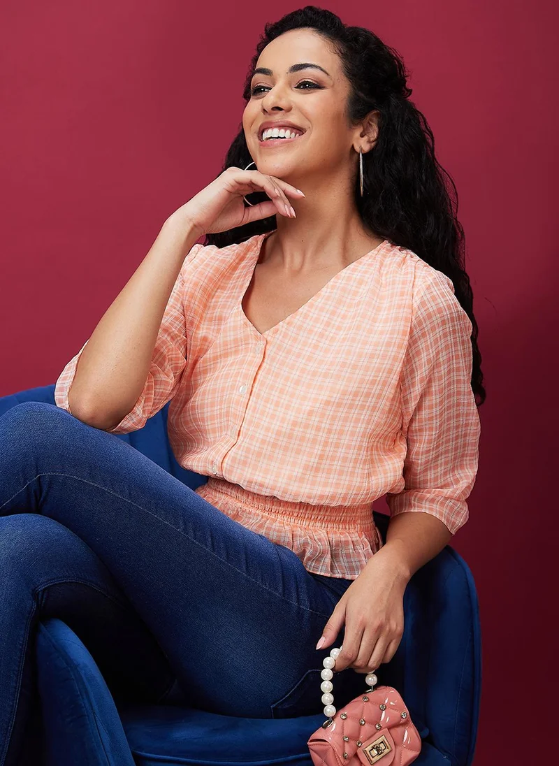 globus Globus Women Geometric Printed V-Neck Smocked Blouson Top