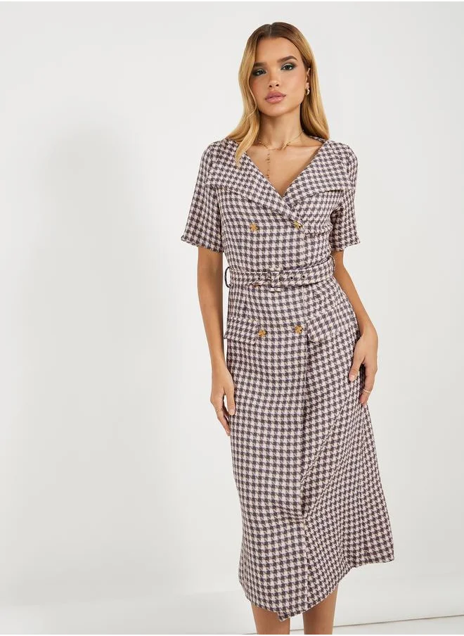 Styli Checked Short Sleeves A-Line Blazer Midi Dress