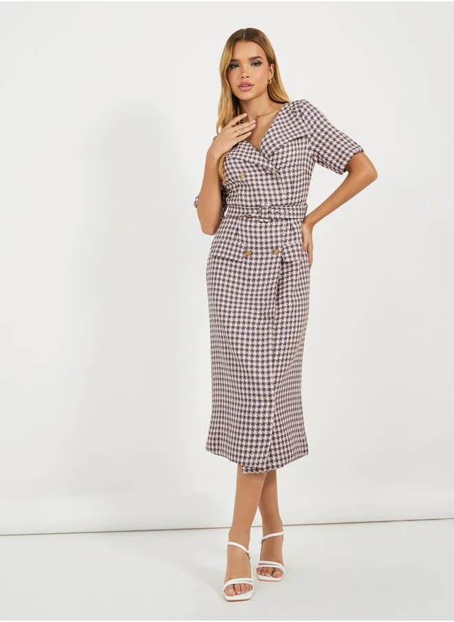 Styli Checked Short Sleeves A-Line Blazer Midi Dress