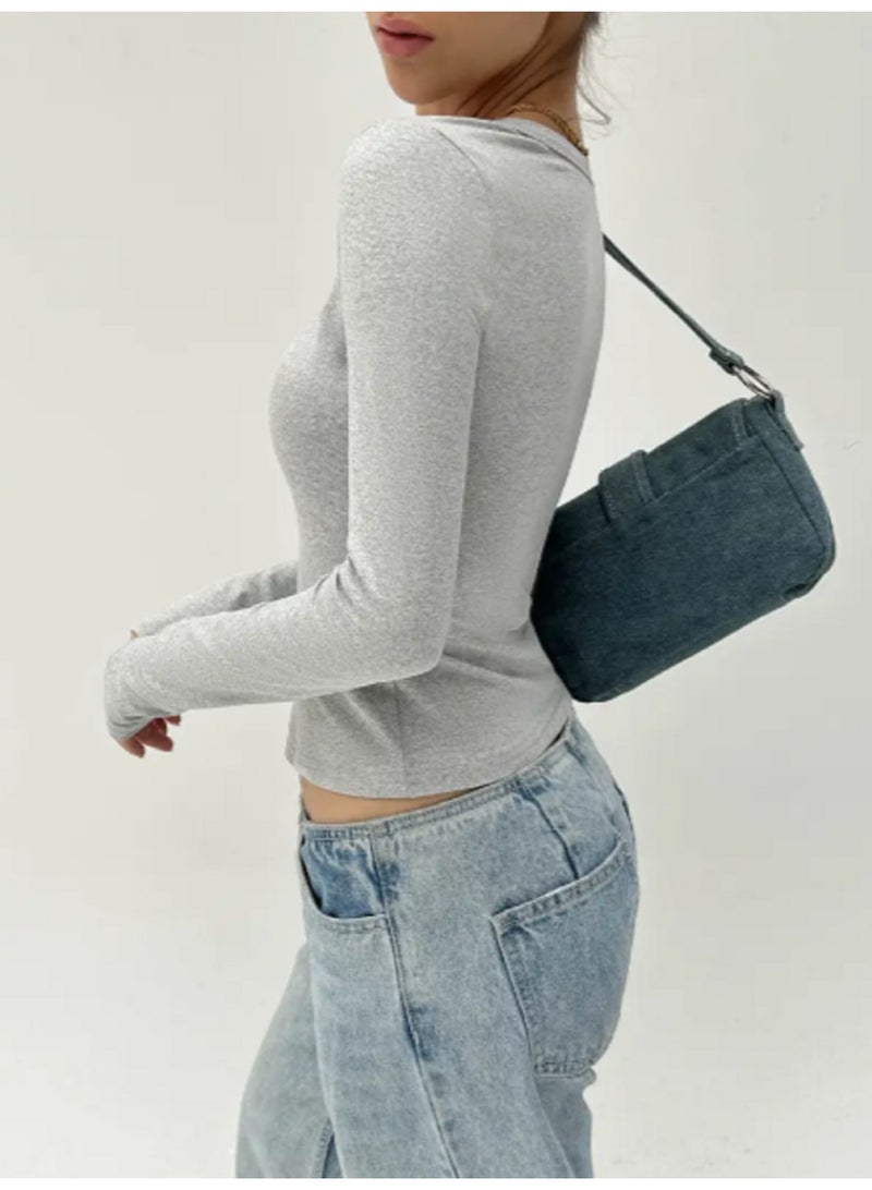 ورد تي شيرت نسائي سادة بأكمام طويلة من قطن وليكرا - Image 4