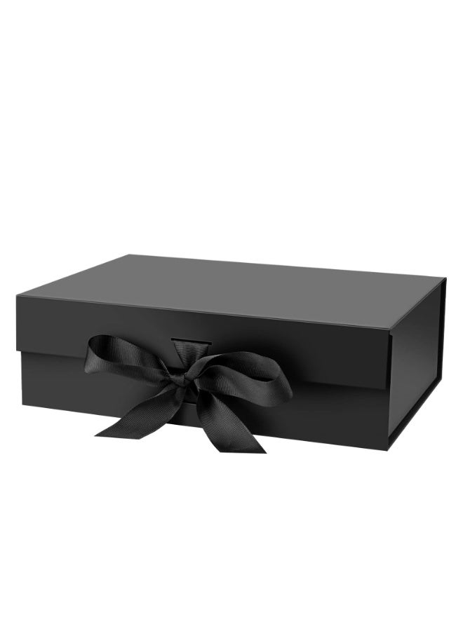 Elegant One-Piece Black Folding Flip Top Gift Box with Bow - Small (9.4"x7.1"x3.1") - Luxury Jewelry, Watch, Cosmetics Packaging - Image 1