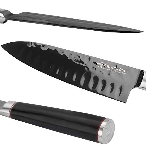 YOUSUNLONG Santoku Knife - 7 Inch Kitchen Knife Chef Knife -Japanese AUS8 Black Titanium Nitride Coated Steel - Natural Leadwood Handle - Image 2