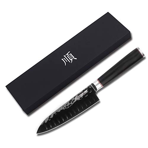 YOUSUNLONG Santoku Knife - 7 Inch Kitchen Knife Chef Knife -Japanese AUS8 Black Titanium Nitride Coated Steel - Natural Leadwood Handle - Image 3