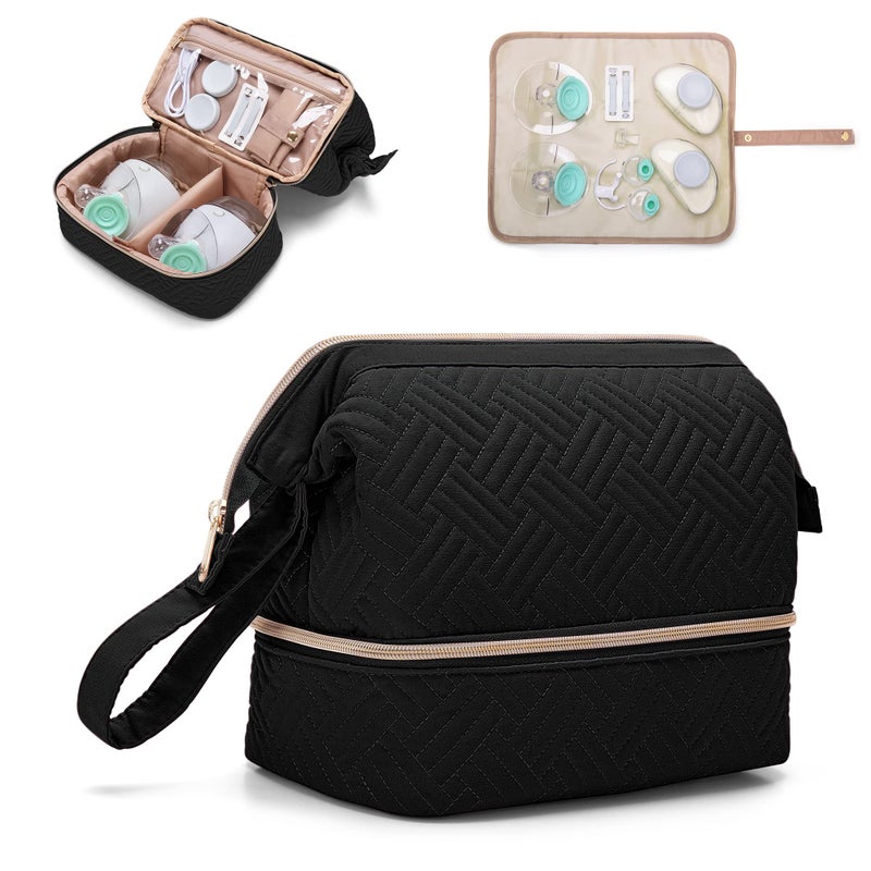 Fasrom Wearable Breast Pump Bag Compatible with Momcozy, Medela and Elvie Pumps, Double Layer Pump Carrying Case with Waterproof Mat and Insulated Pockets for Working Moms, Black (Bag Only) - Image 1