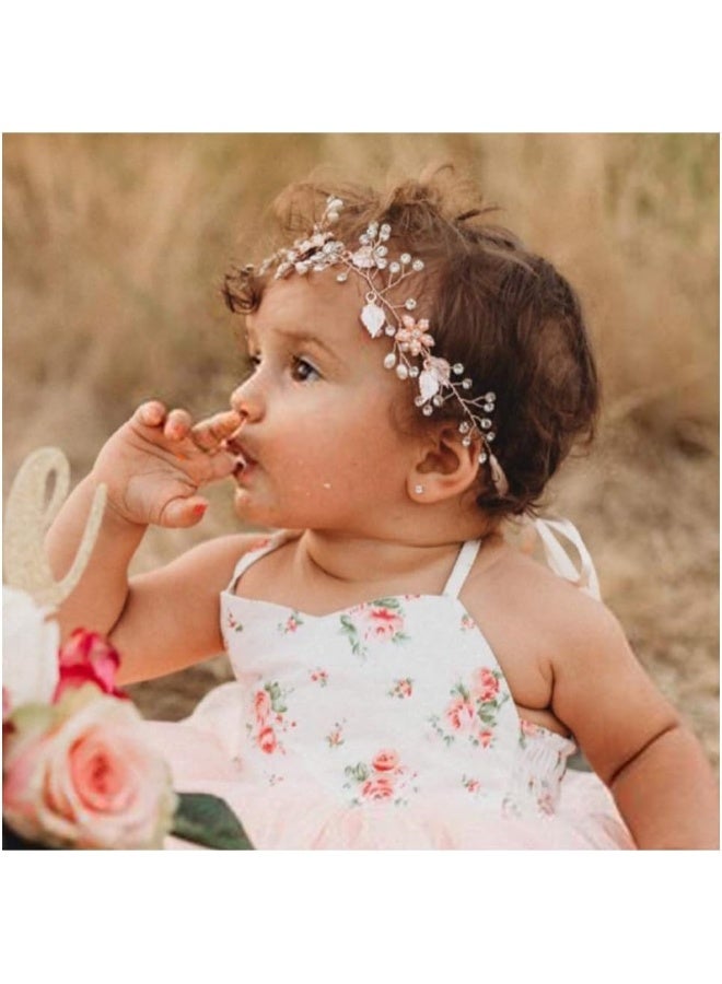 SWEETV Flower Girl Headband for Wedding, Baby's Breath Hair Piece, Rose Gold Headpiece for Birthday Party, Photography - Image 1