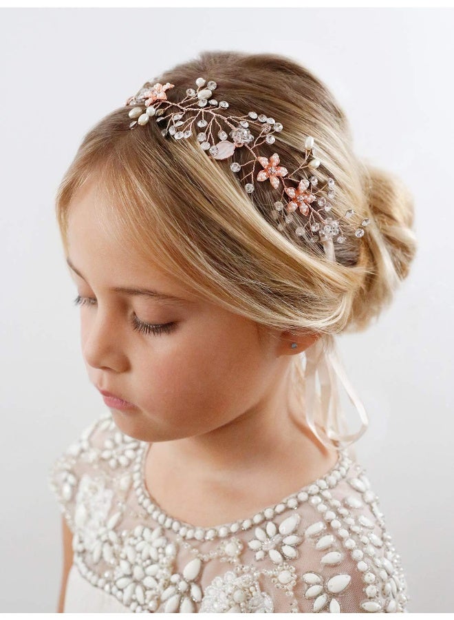 SWEETV Flower Girl Headband for Wedding, Baby's Breath Hair Piece, Rose Gold Headpiece for Birthday Party, Photography - Image 3