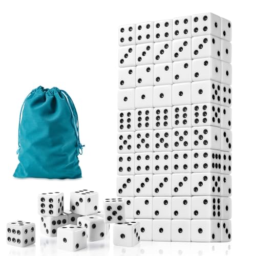 SLSESIN 100 Pieces Dice Set 16MM Standard Game White Dices Opaque Six Sided Dice with Pouch Black Dot Bulk White Dice for Group Event Board Games Classroom Math - Image 1