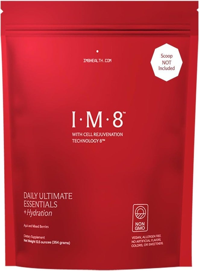 IM8 Daily Ultimate Essentials All-in-One Multivitamin Supplement Powder Bag, 92 Nutrient Rich Ingredients CoQ10, Probiotics, Vitamins, Greens, Gluten Free, Vegan, Acai Mixed Berry, 12.5oz, 30 Servings - Image 1
