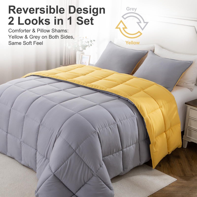 KASENTEX Queen Comforter Set â€“ Reversible Dual Color â€“ Goose Down Alternative â€“ Ultra-Soft, Lightweight, Machine Washable, Maintain Fluffiness, All Season Warmth (Yellow/Grey) - Image 2