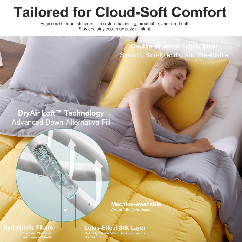 KASENTEX Queen Comforter Set â€“ Reversible Dual Color â€“ Goose Down Alternative â€“ Ultra-Soft, Lightweight, Machine Washable, Maintain Fluffiness, All Season Warmth (Yellow/Grey) - Image 4