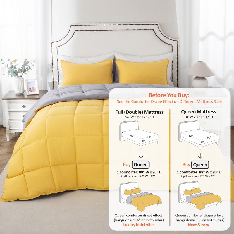 KASENTEX Queen Comforter Set â€“ Reversible Dual Color â€“ Goose Down Alternative â€“ Ultra-Soft, Lightweight, Machine Washable, Maintain Fluffiness, All Season Warmth (Yellow/Grey) - Image 3