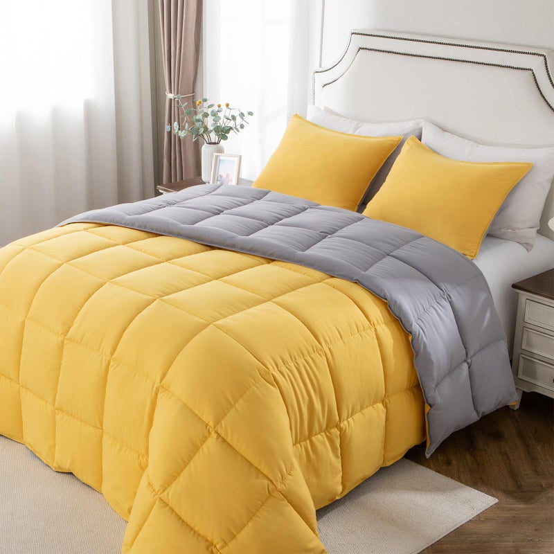 KASENTEX Queen Comforter Set â€“ Reversible Dual Color â€“ Goose Down Alternative â€“ Ultra-Soft, Lightweight, Machine Washable, Maintain Fluffiness, All Season Warmth (Yellow/Grey) - Image 1