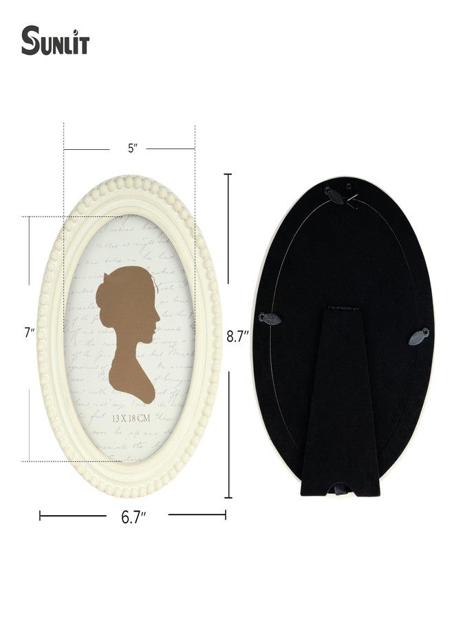 Sunlit Vintage Picture Frame 5x7 Inch with Beaded Border, Oval Luxury Antique Photo Frames with Glass Front, Boho Photo Display, Tabletop Wall Hanging, Gift Idea, Distressed White - Image 2