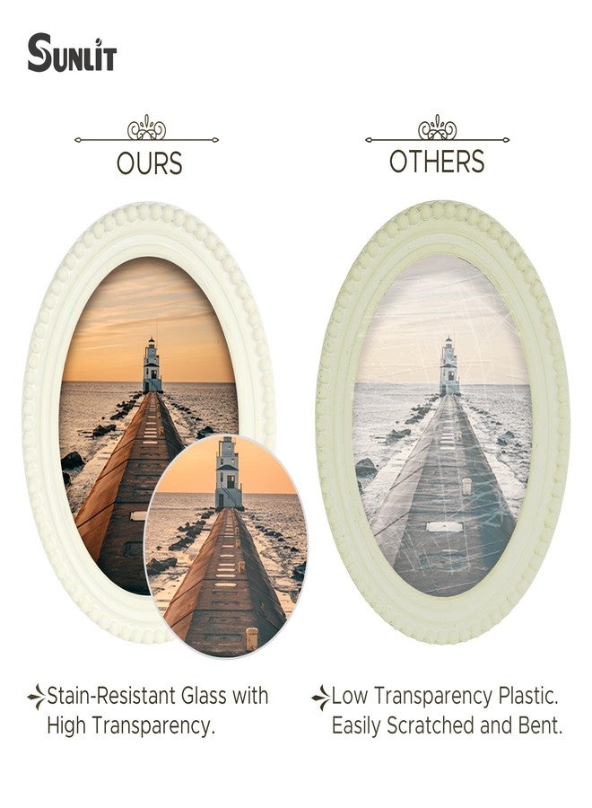 Sunlit Vintage Picture Frame 5x7 Inch with Beaded Border, Oval Luxury Antique Photo Frames with Glass Front, Boho Photo Display, Tabletop Wall Hanging, Gift Idea, Distressed White - Image 3