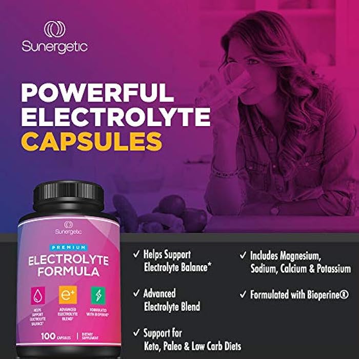 Sunergetic Premium Electrolyte Capsules – Support for Keto, Low Carb, Rehydration & Recovery - Electrolyte Replacement Tablets – Includes Electrolyte Salts, Magnesium, Sodium, Potassium – 100 Capsules - Image 4